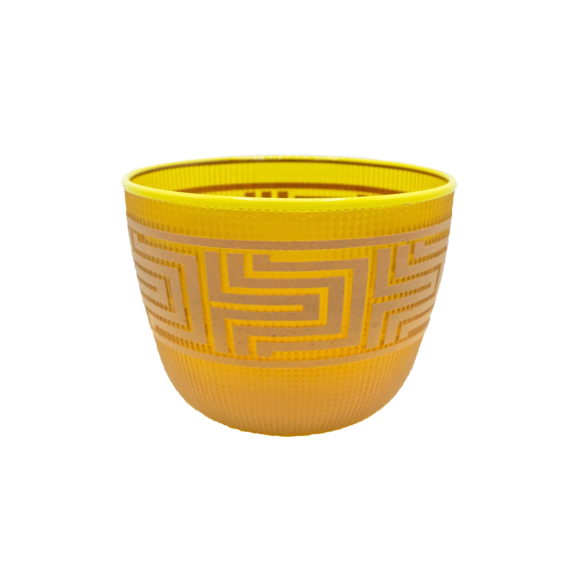 Amber yellow blown glass basket by Preston Singletary featuring subtle maze-like geometric designs inspired by traditional Native patterns.