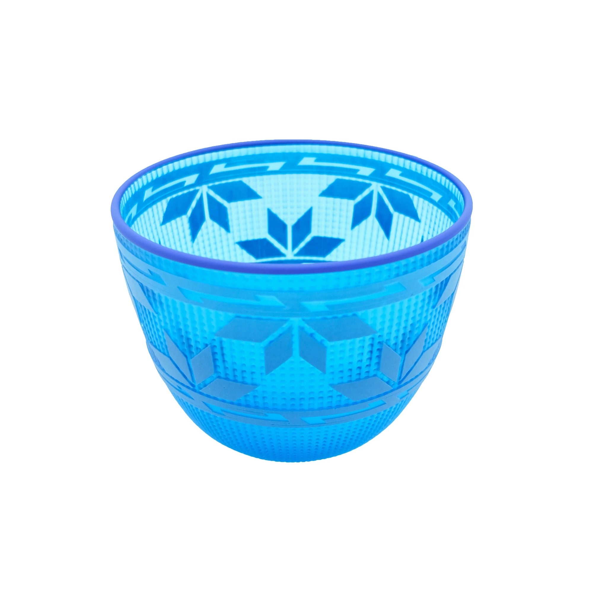 Bright blue blown glass basket by Preston Singletary with stylized navy leaf motifs and geometric borders inspired by Northwest Coast design.