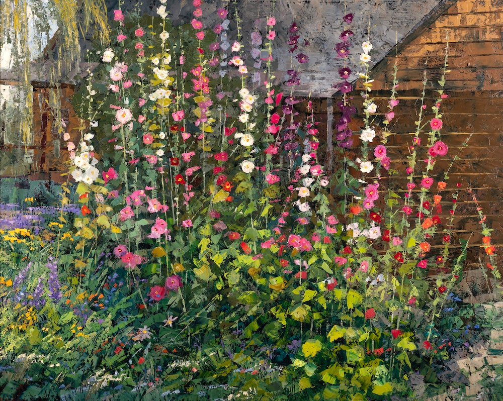 Painting of a garden with tall flowers and a rustic building in the background by Robert Moore