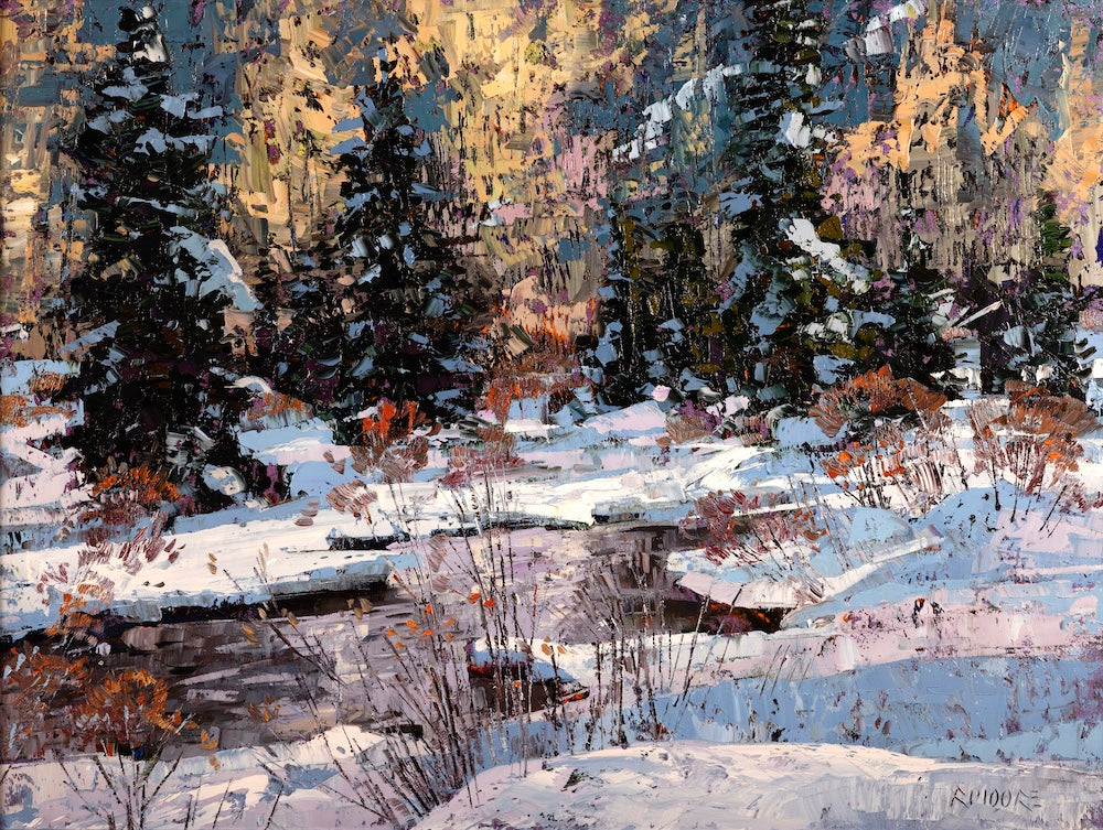 Contemporary abstract winter landscape with snow-covered trees by Robert Moore
