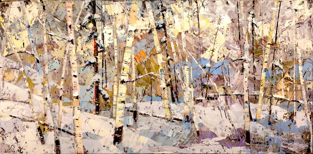 Abstract painting of aspen trees in winter and patterns in neutral colors by Robert Moore